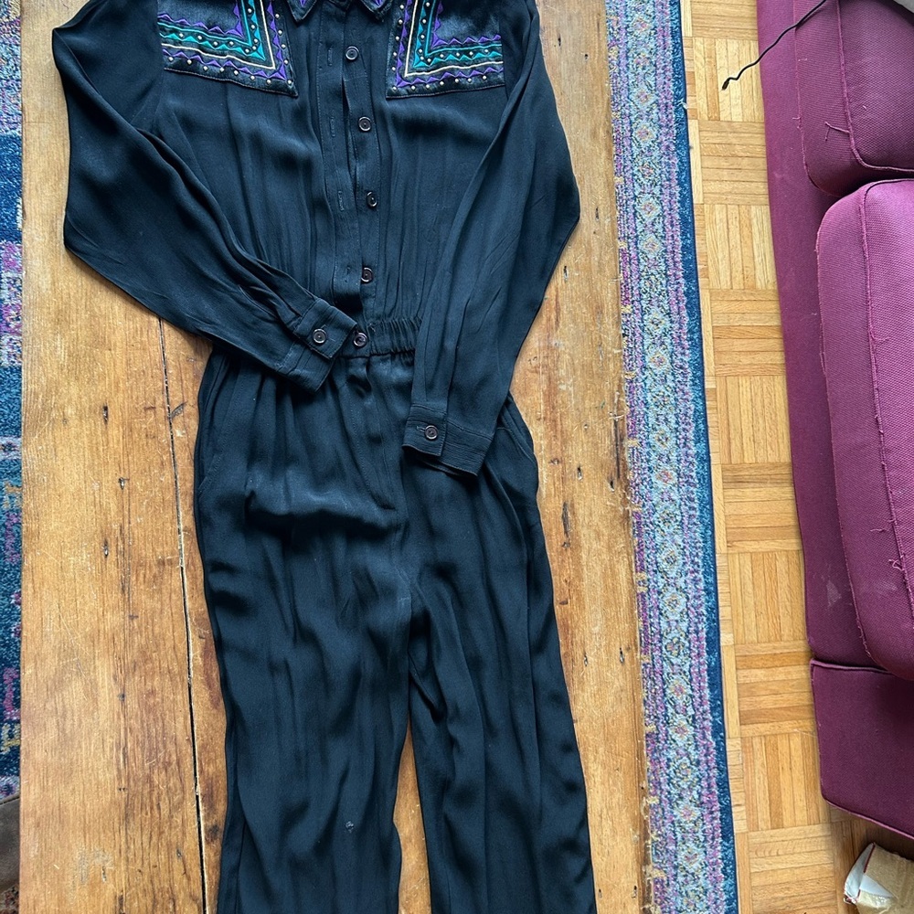 RARE Vintage Saint Germain Paris Black Embroidered Western Jumpsuit – Size 10 - Picture 5 of 8
